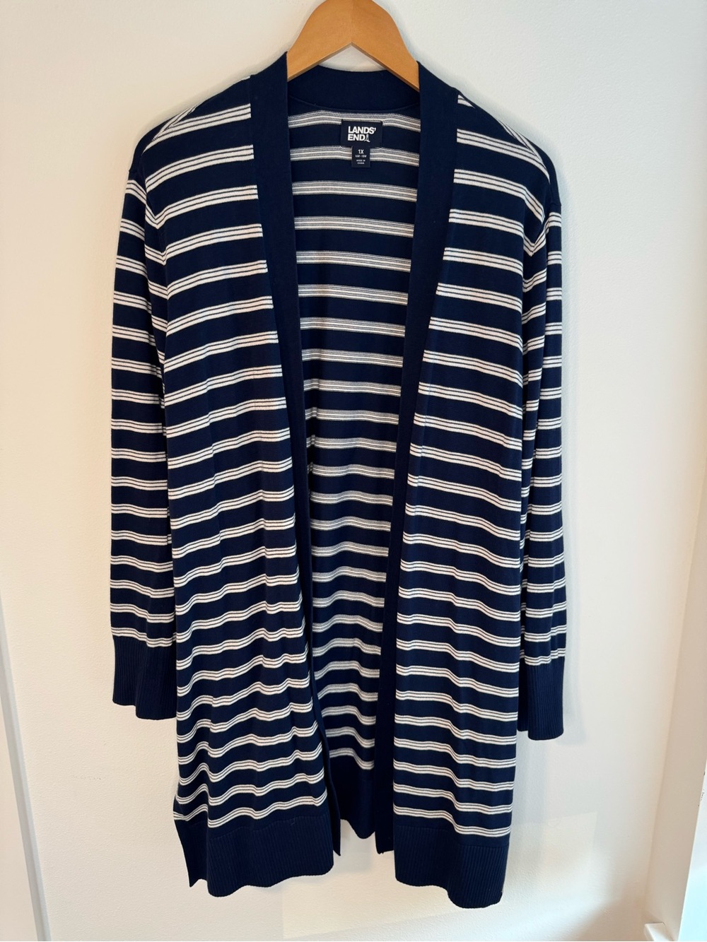 Lands’ End Navy and White Striped Knit Duster Cotton Sweater 1X